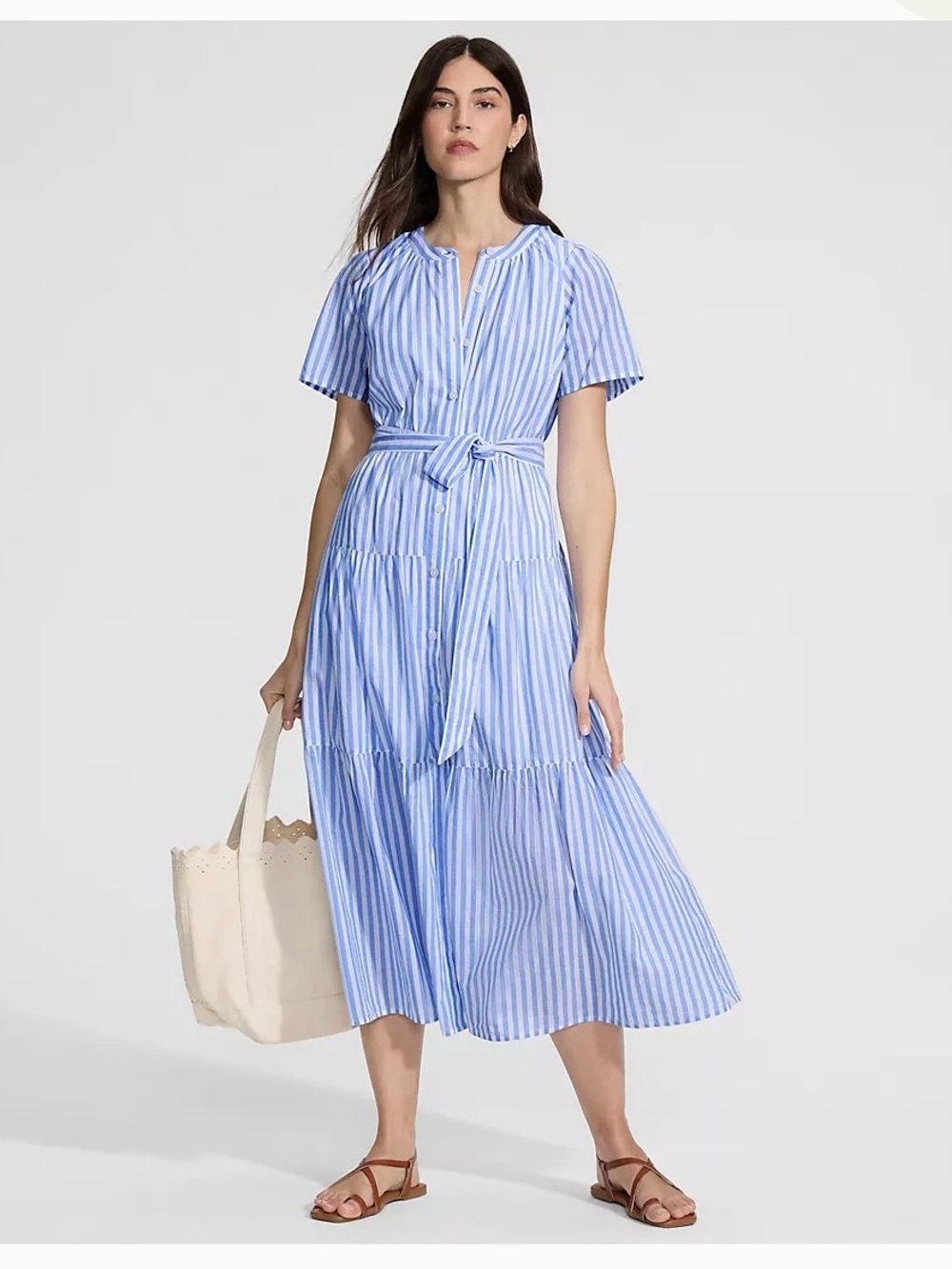 Lands End Striped Blue Tie-Waist Midi Dress XL